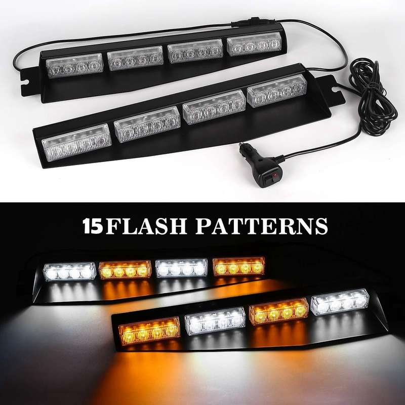 (Yellow&White) 32LED Visor Lights 15 Flash Patterns Emergency Strobe Lights Windshield Split Mount L