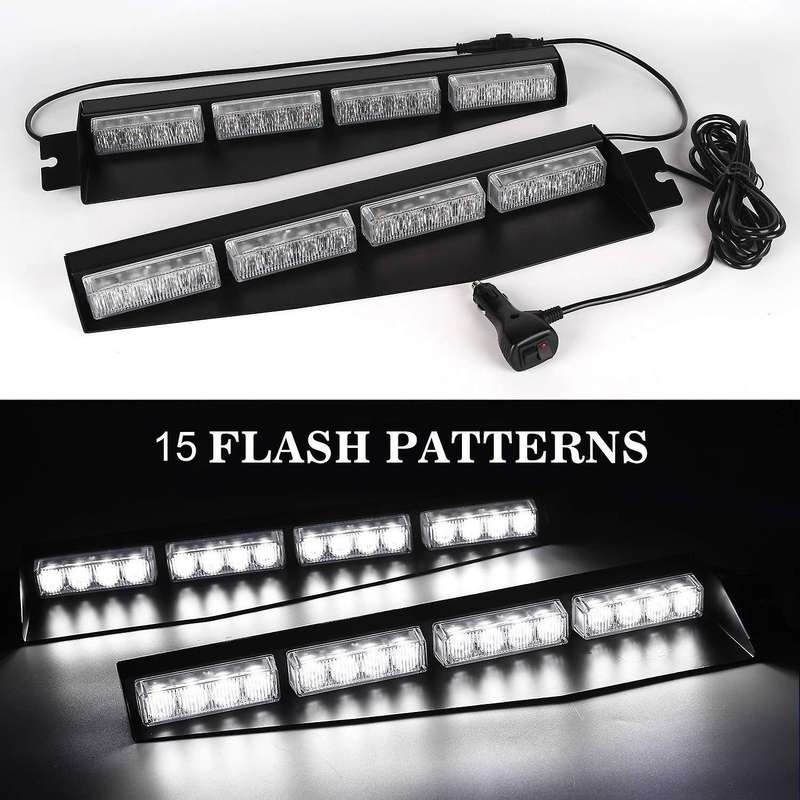 (White) 32LED Visor Lights 15 Flash Patterns Emergency Strobe Lights Windshield Split Mount Light Ba