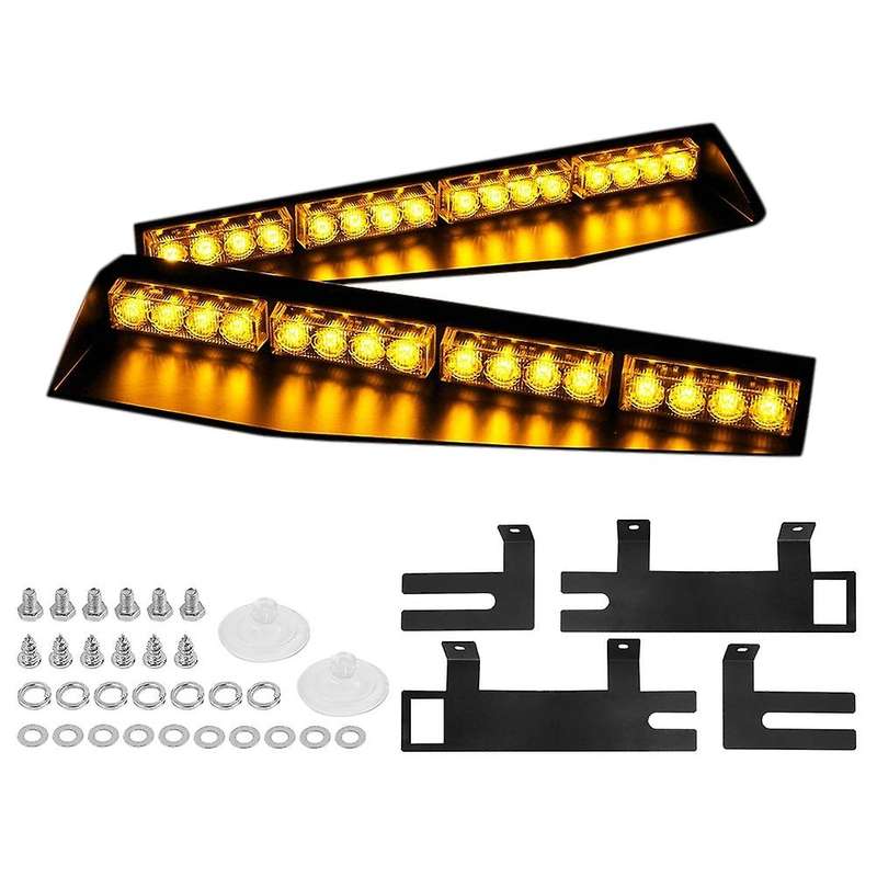 (Yellow) 32LED Visor Lights 15 Flash Patterns Emergency Strobe Lights Windshield Split Mount Light B