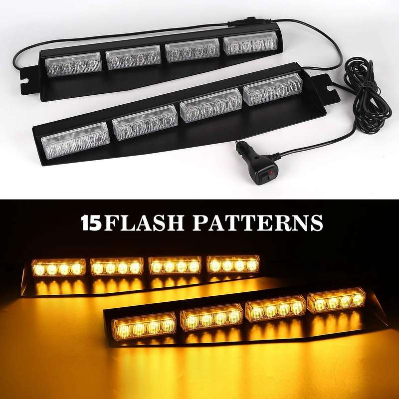 (Yellow) 32LED Visor Lights 15 Flash Patterns Emergency Strobe Lights Windshield Split Mount Light B