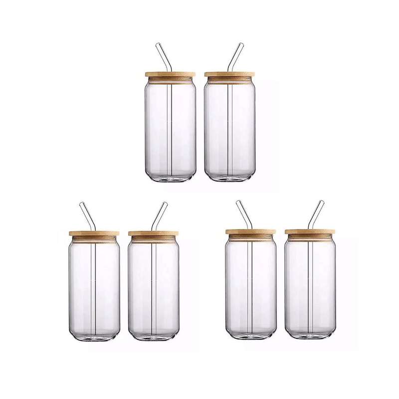[ 6pcs Set ] Glass Cups with Bamboo Lids and - Beer Can Shaped Drinking Glasses, 16 Oz Iced Coffee