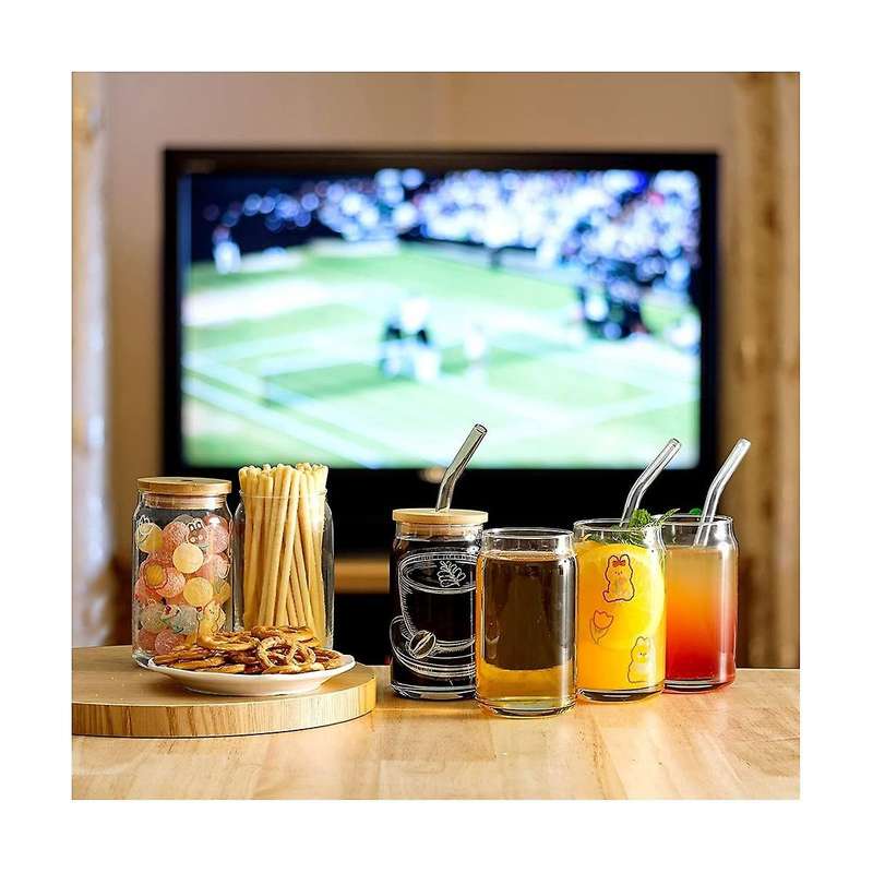 [ 6pcs Set ] Glass Cups with Bamboo Lids and - Beer Can Shaped Drinking Glasses, 16 Oz Iced Coffee