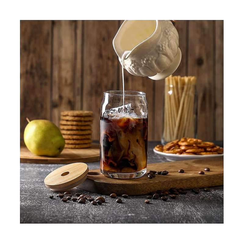 [ 6pcs Set ] Glass Cups with Bamboo Lids and - Beer Can Shaped Drinking Glasses, 16 Oz Iced Coffee