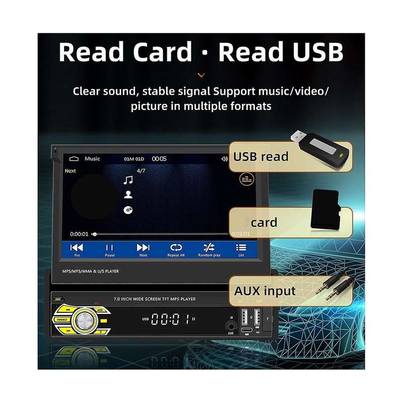 1 Din 7inch Car Retractable Screen Wireless Carplay Android Auto Car Portable Radio Bluetooth Mp5 F