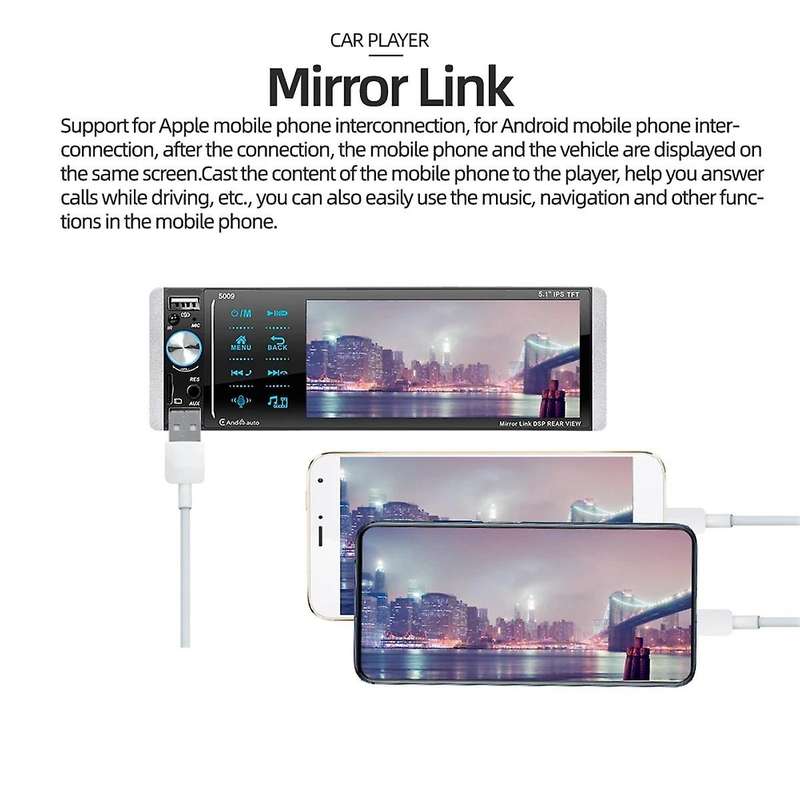 1 Din Wired Carplay Android Auto Car Radio MP5 Player 5.1 Inch IPS Touch Screen FM Audio Stereo Blu