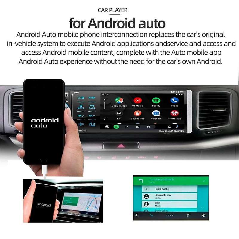 1 Din Wired Carplay Android Auto Car Radio MP5 Player 5.1 Inch IPS Touch Screen FM Audio Stereo Blu