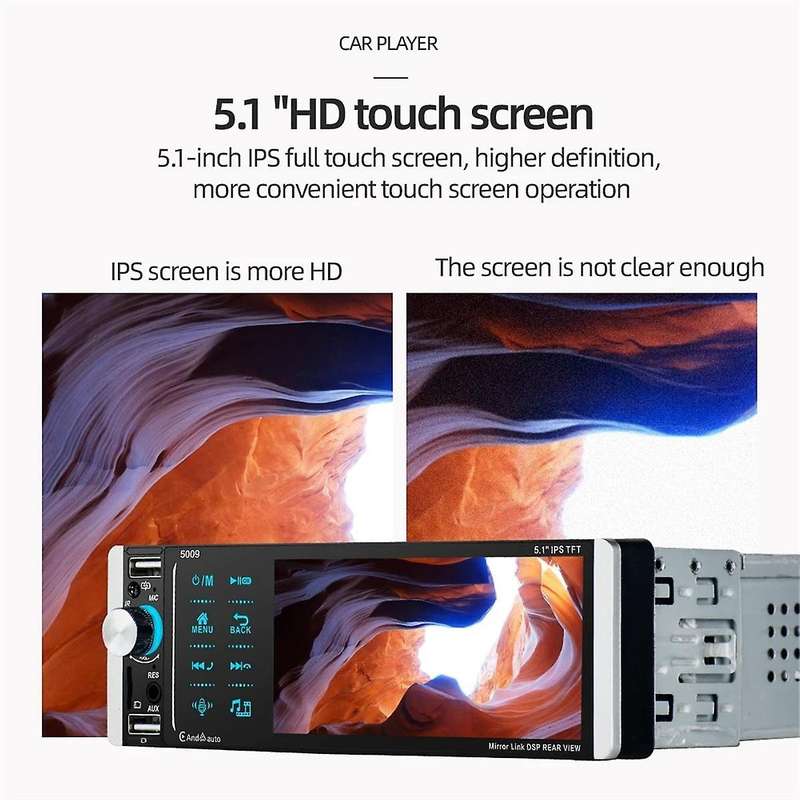 1 Din Wired Carplay Android Auto Car Radio MP5 Player 5.1 Inch IPS Touch Screen FM Audio Stereo Blu