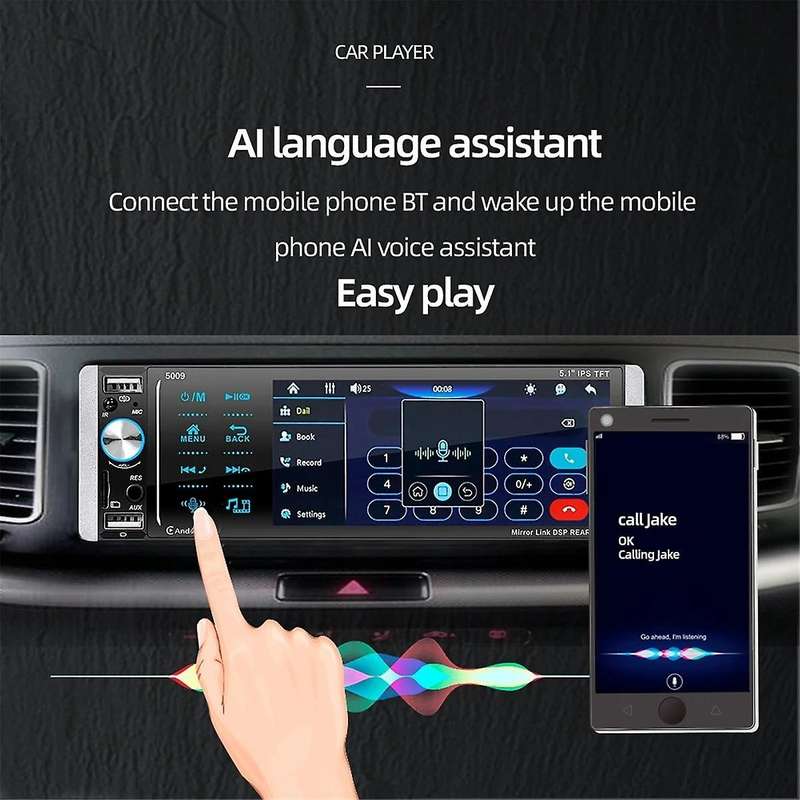 1 Din Wired Carplay Android Auto Car Radio MP5 Player 5.1 Inch IPS Touch Screen FM Audio Stereo Blu