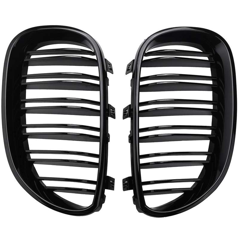 1 Pair Gloss Black Front Kidney Double Slat Double Line Grille for E60 E61 5 Series 2003-2010 Car A