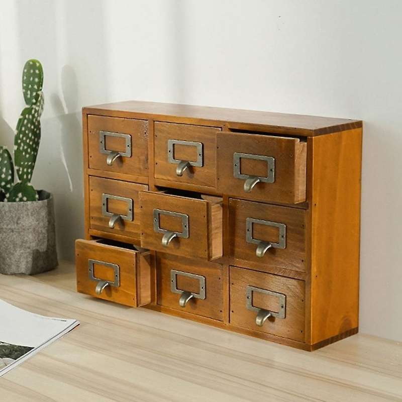 1 PCS 9 Lattice Desktop Drawer Storage Box Wooden Retro Storage Cabinet Living Room Decoration Drawe
