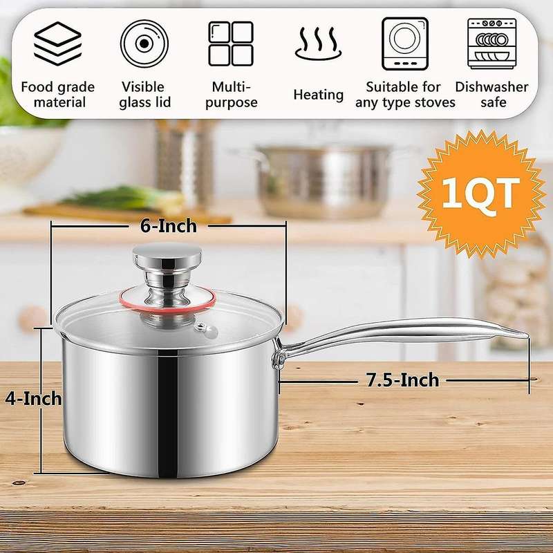 1 Qt Saucepan, Stainless Steel Milk Sauce Pan with Glass Lid, Kitchen Induction Cookware for Cooking