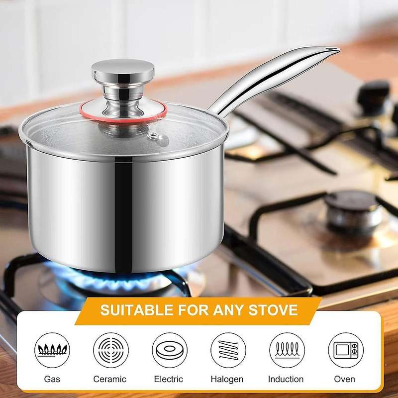 1 Qt Saucepan, Stainless Steel Milk Sauce Pan with Glass Lid, Kitchen Induction Cookware for Cooking