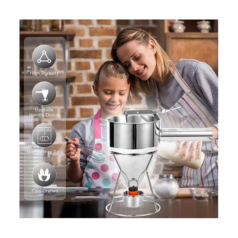 1 Stainless Steel Baking Funnel Pancake Dough Dispenser + Fixed Stand with Dough Collector