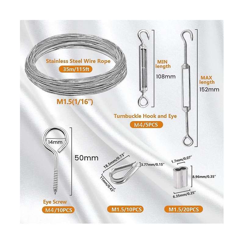 1/16inch Turnbuckle Wire Tensioner Kit Heavy Turnbuckle Cable Railing Kit 115ft Wire Rope Hook and E