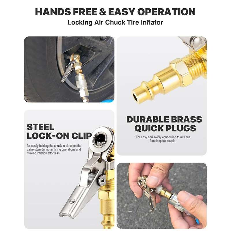 1/4 Inch Female NPT Closed Ball Tire Chuck with Clip, Locking Air Chuck Tire Inflator with Air Chuck