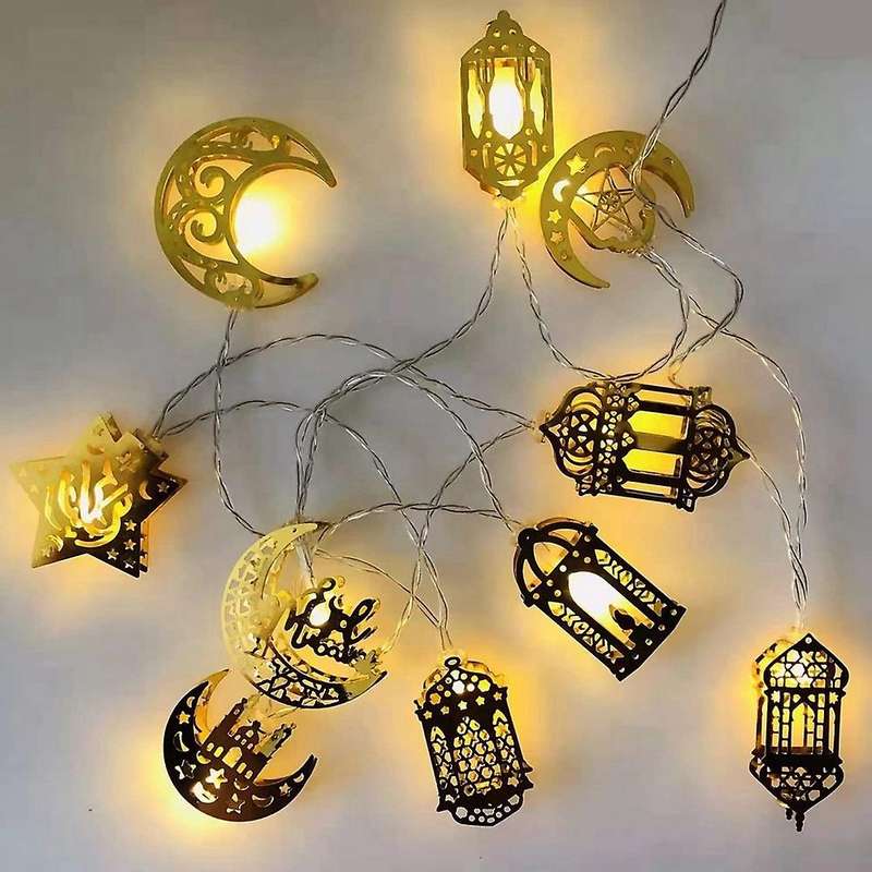 10 LED Gold Ramadan Decorations Eid Decor Star Moon Lantern Ramadan Lights Battery Operated, Ramada