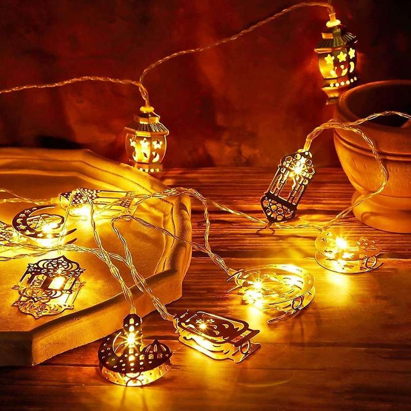 10 LED Gold Ramadan Decorations Eid Decor Star Moon Lantern Ramadan Lights Battery Operated, Ramada