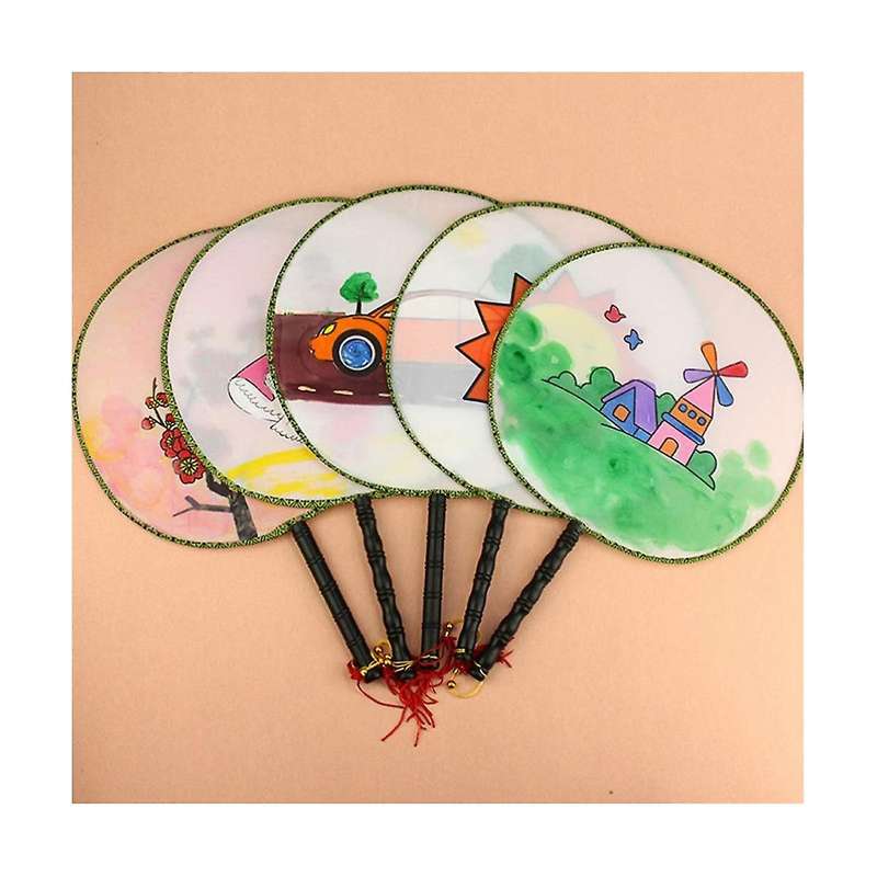 10 Pcs 21cm Blank Fan Children's Diy Painting Fan Silk Cloth Fan Plastic Hand Handle Round Fan