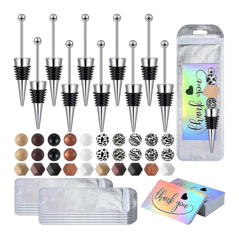 10 Pcs Beadable Wine Stoppers for Wine Bottles Bulk, 30 Pcs 15mm Silicone Beads Bulk for Diy Wedding
