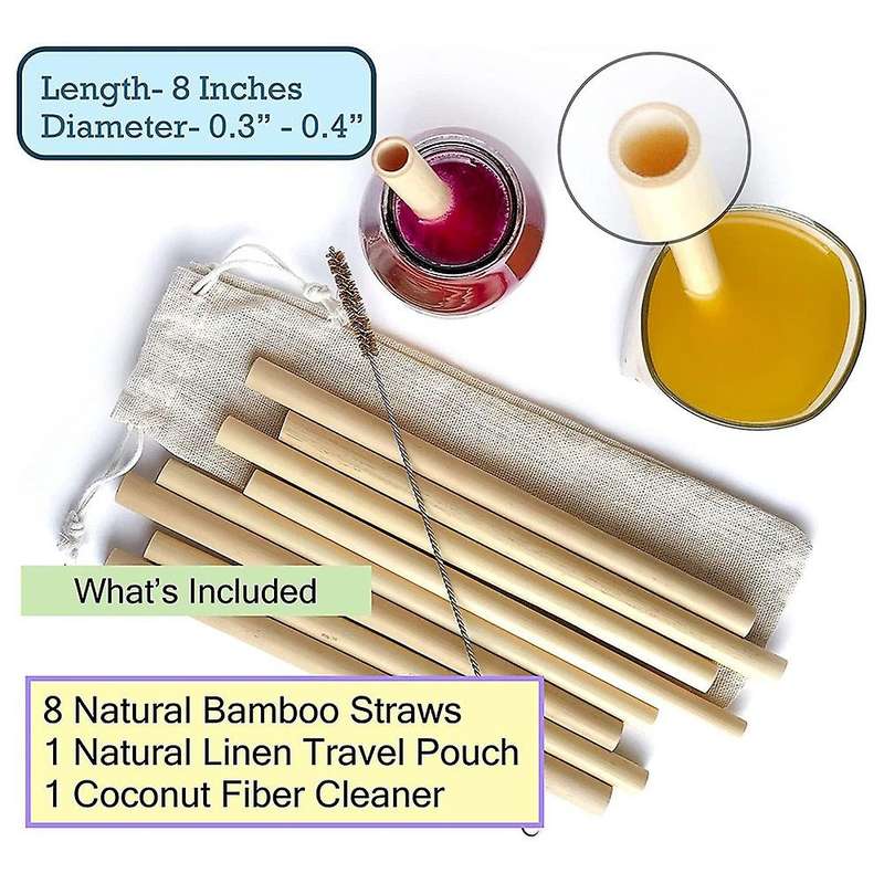 10 Pcs Bamboo Straw Reusable Straw Natural Organic Coffee Milk Tea Juice Straw with Cloth Bag and Cl