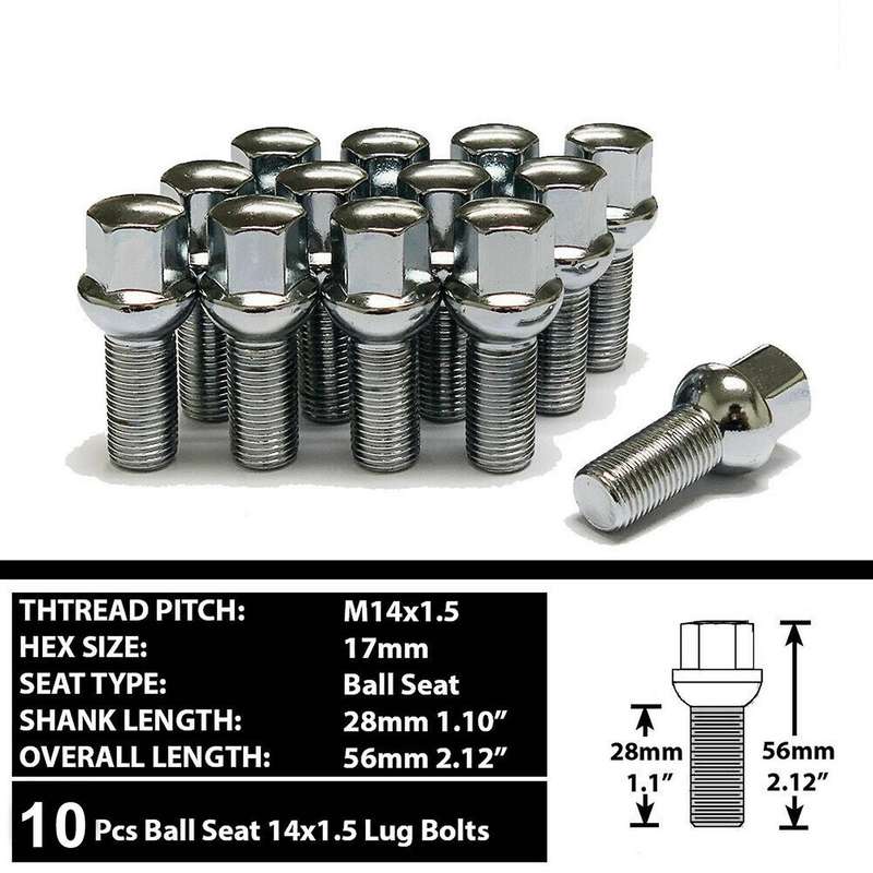 10 Pcs Chrome M14X1.5 Wheel Ball Seat Lug Bolt Nuts 28mm Shank for - & - & Golf & More