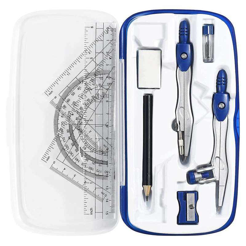 10 Piece Geometry Kit Sets Student Supplies for Drafting and with Shatterproof Storage Box