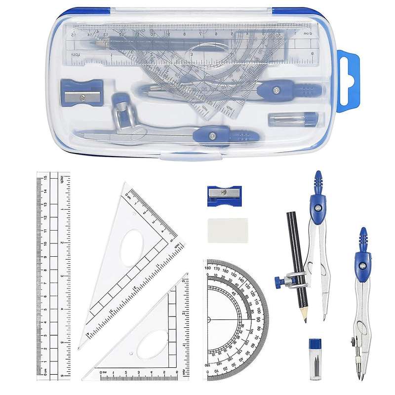 10 Piece Geometry Kit Sets Student Supplies for Drafting and with Shatterproof Storage Box