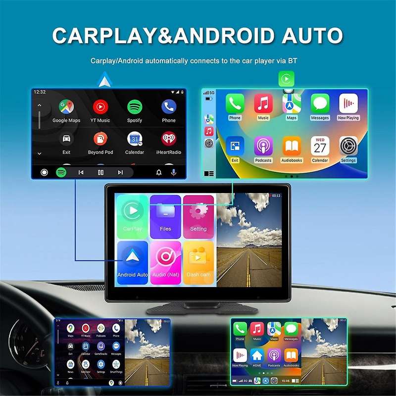 10.1Inch Touch Screen Wireless Carplay & Android Auto Portable Car Multimedia Player 4K DVR Dash Cam