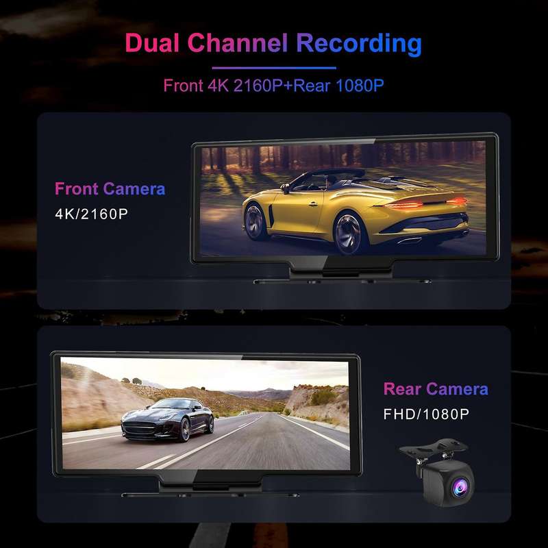 10.26 Inch 4k Car Camera Dash Cam Carplay Android Auto Rearview Mirror Video Recording Wifi Loop Re