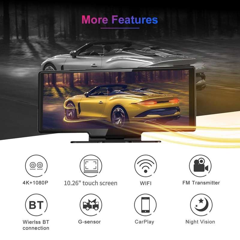 10.26 Inch 4k Car Camera Dash Cam Carplay Android Auto Rearview Mirror Video Recording Wifi Loop Re