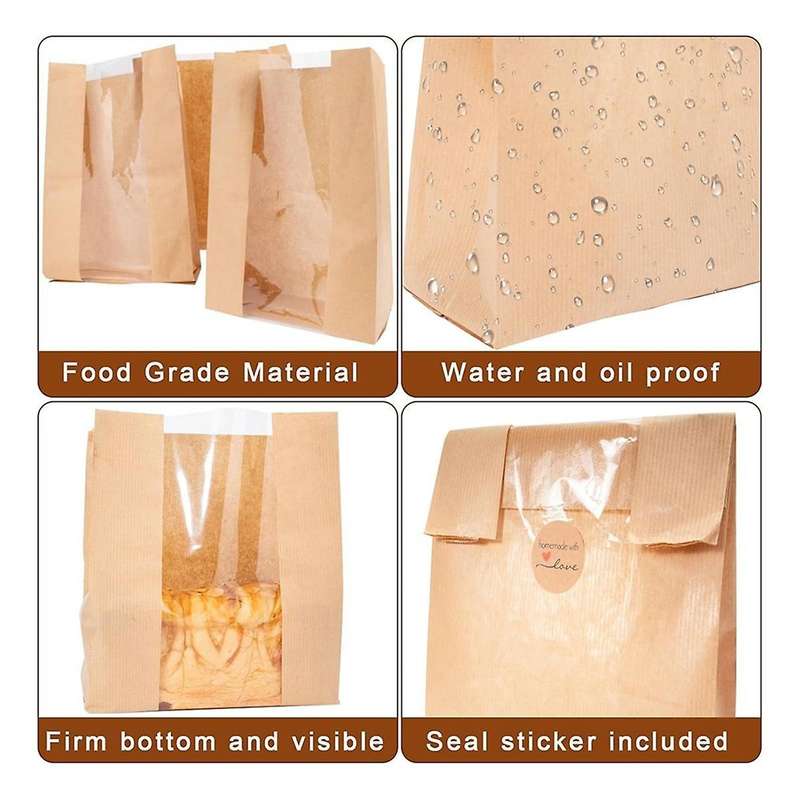 100 Packs Paper Bread Storage Bags with Clear Window Bread Bags with Seal Stickers for Cookies, Cand