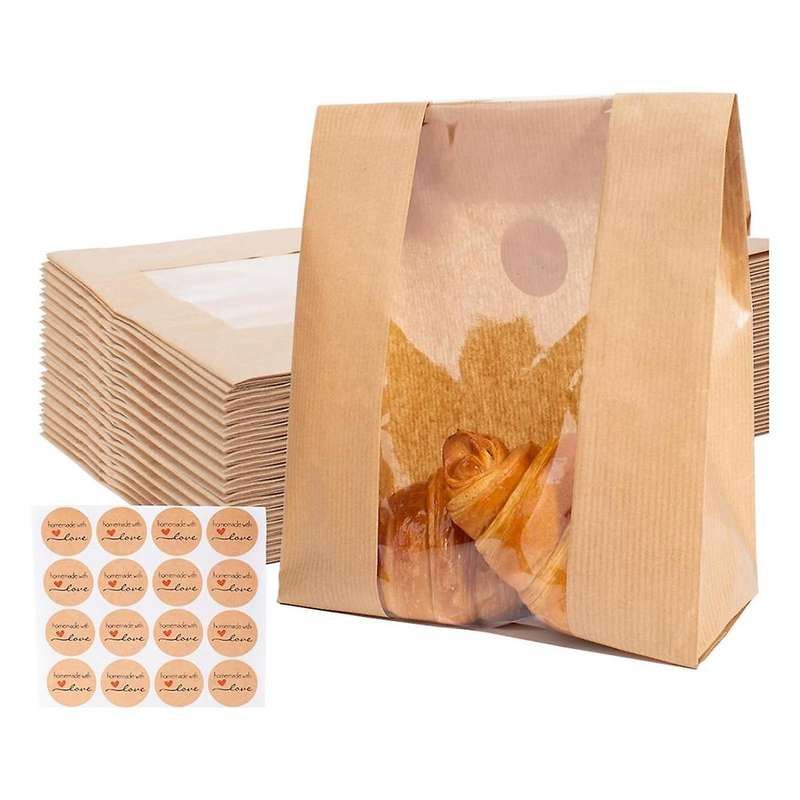 100 Packs Paper Bread Storage Bags with Clear Window Bread Bags with Seal Stickers for Cookies, Cand