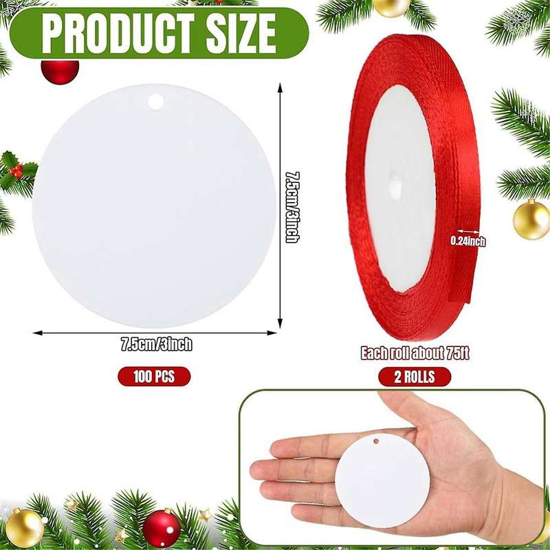 100 Pcs 3 Inch Christmas Acrylic Sublimation Ornament Blanks with Holes White Round Ornament with Re