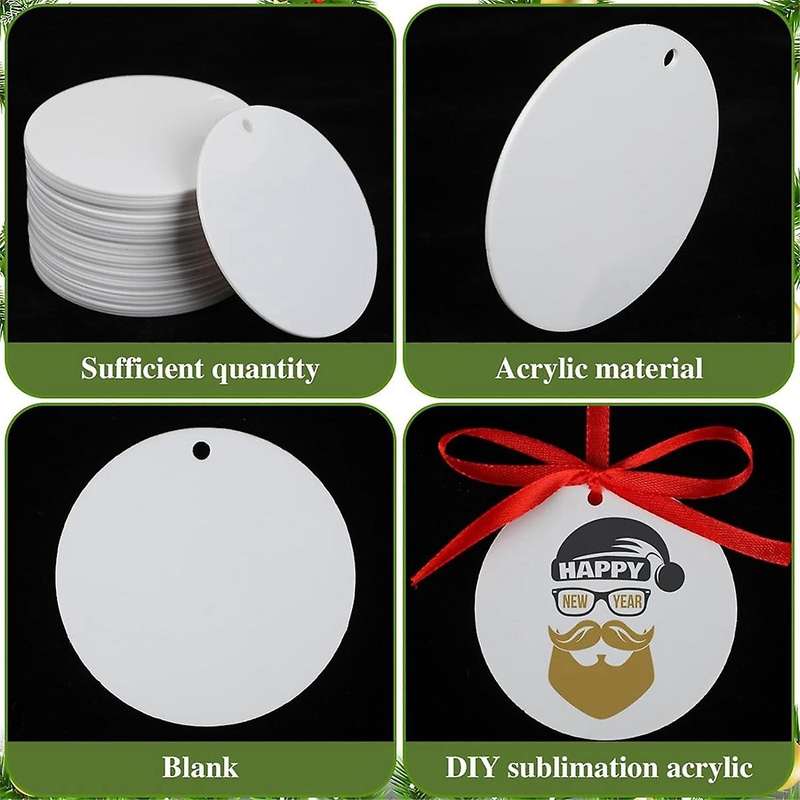 100 Pcs 3 Inch Christmas Acrylic Sublimation Ornament Blanks with Holes White Round Ornament with Re
