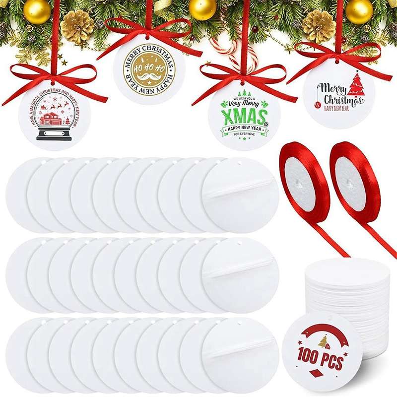 100 Pcs 3 Inch Christmas Acrylic Sublimation Ornament Blanks with Holes White Round Ornament with Re