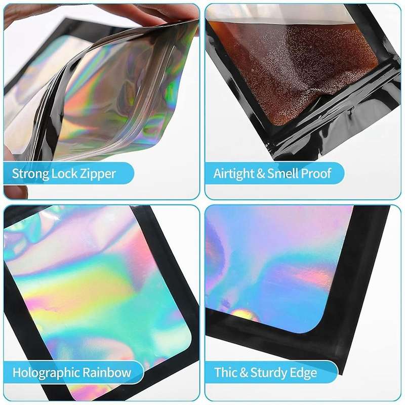 100 Pack Mylar Bags Holographic Smell Proof Packaging Bag for Small Bussiness Resealable Pouch Bags(