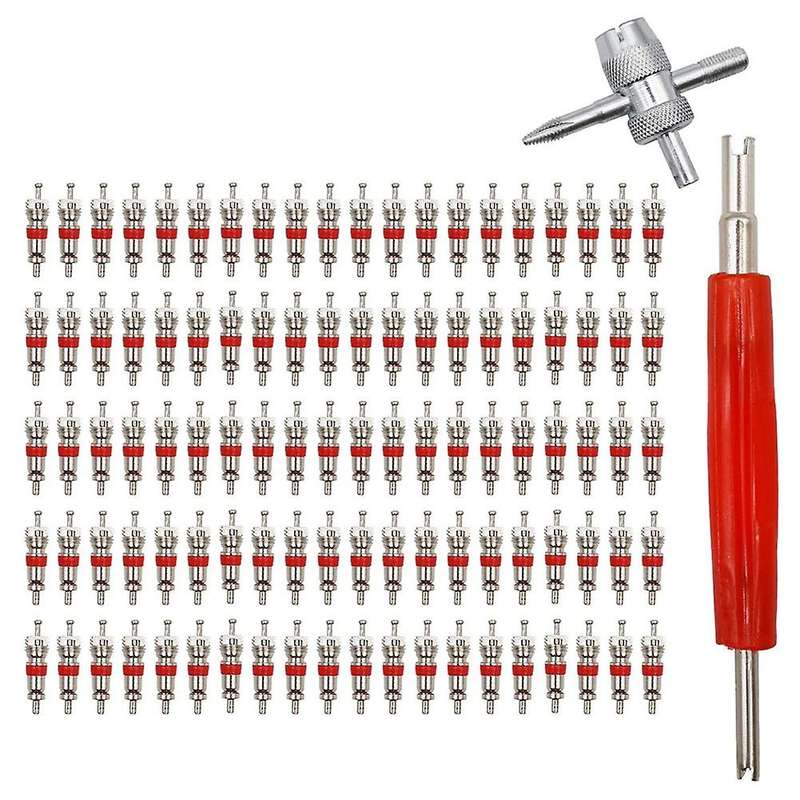 100 PCS Tire Valve Stem Core & Dual Head Valve Core Remover Tool & 4-Way Valve Tool