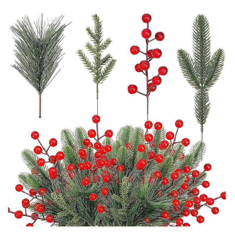 100 Pieces Artificial Pine Needles Branches and Artificial Red Berry Stems Greenery Pine Picks Chris