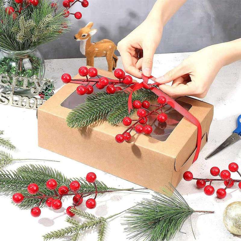 100 Pieces Artificial Pine Needles Branches and Artificial Red Berry Stems Greenery Pine Picks Chris