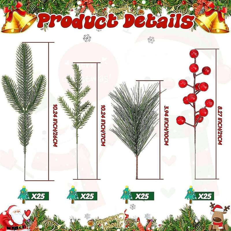 100 Pieces Artificial Pine Needles Branches and Artificial Red Berry Stems Greenery Pine Picks Chris