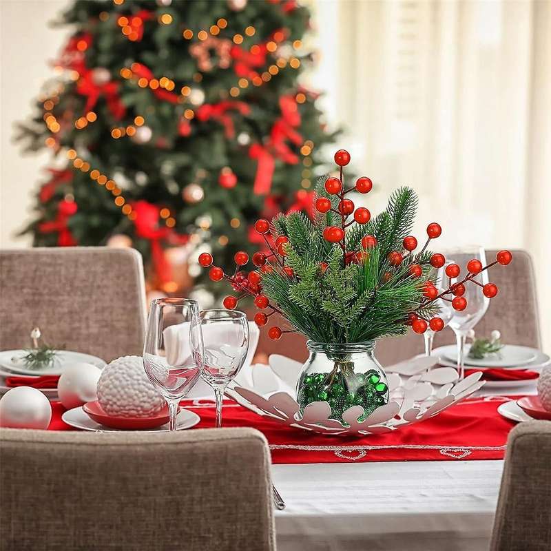 100 Pieces Artificial Pine Needles Branches and Artificial Red Berry Stems Greenery Pine Picks Chris