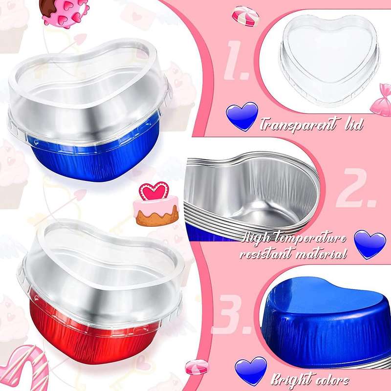 100 Sets Aluminum Foil Cake Heart Shaped Cupcake Cup with Lids 100Ml/ 3.4 Ounces Disposable Heart M