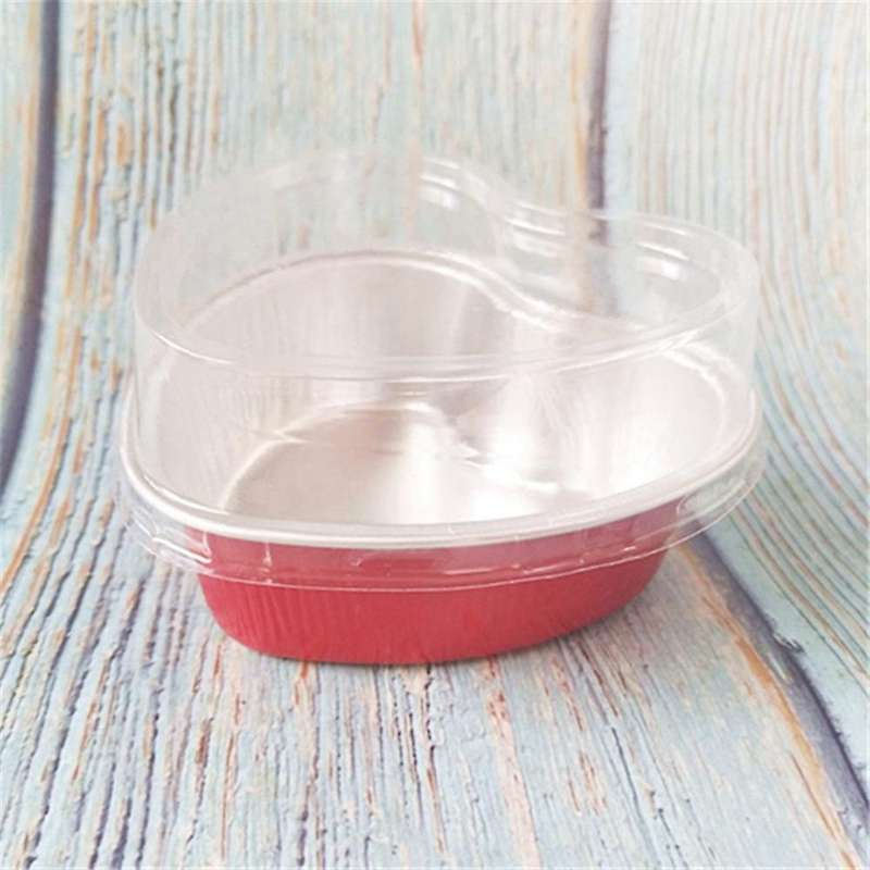 100 Sets Aluminum Foil Cake Heart Shaped Cupcake Cup with Lids 100Ml/ 3.4 Ounces Disposable Heart M