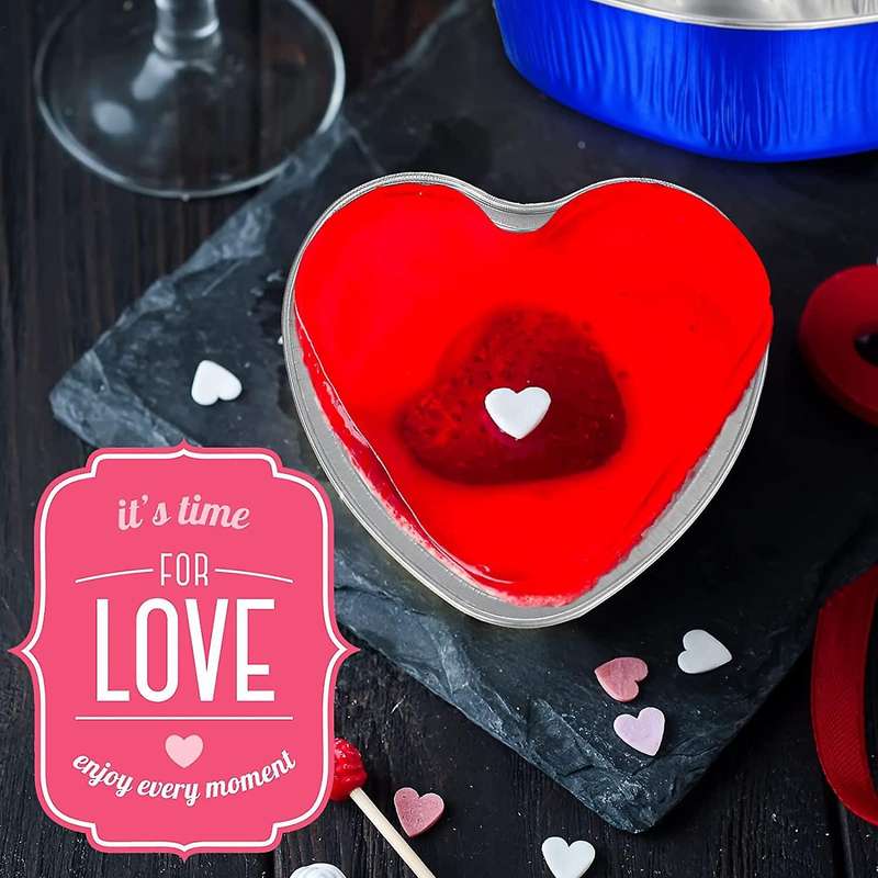 100 Sets Aluminum Foil Cake Heart Shaped Cupcake Cup with Lids 100Ml/ 3.4 Ounces Disposable Heart M