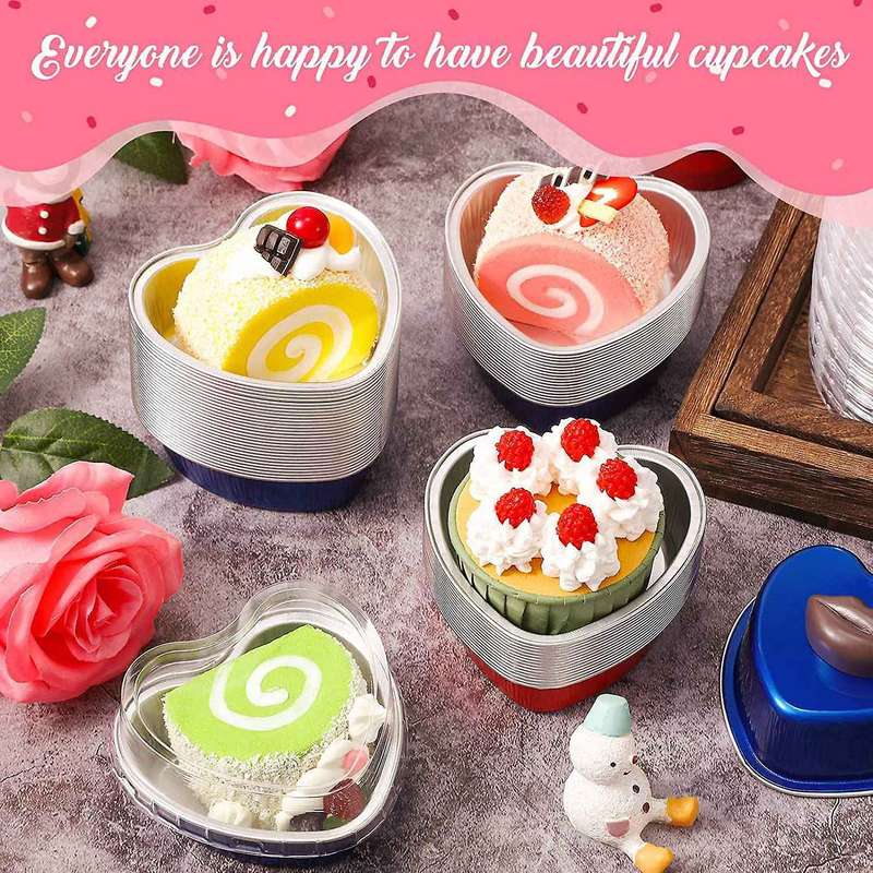 100 Sets Aluminum Foil Cake Heart Shaped Cupcake Cup with Lids 100Ml/ 3.4 Ounces Disposable Heart M