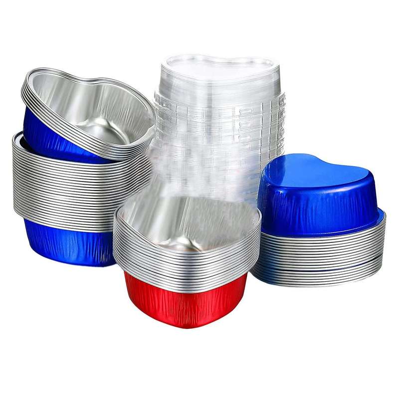 100 Sets Aluminum Foil Cake Heart Shaped Cupcake Cup with Lids 100Ml/ 3.4 Ounces Disposable Heart M