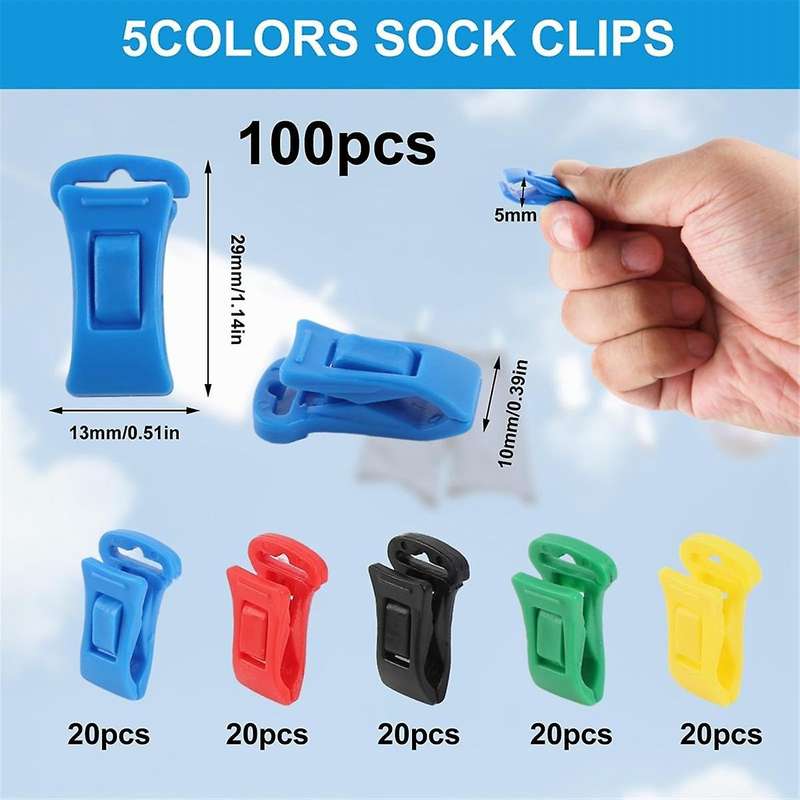 100 Sock Clips for Washing Machine and Dryer with Hooks, Portable Hook Sock Clips Directly in the Dr