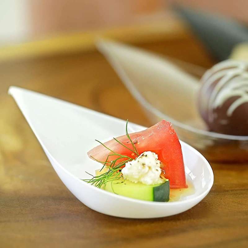 100 Tear Drop Mini Appetizer Plates - Mini Dessert Plates Tasting Spoons Plastic Mini Spoons Dessert