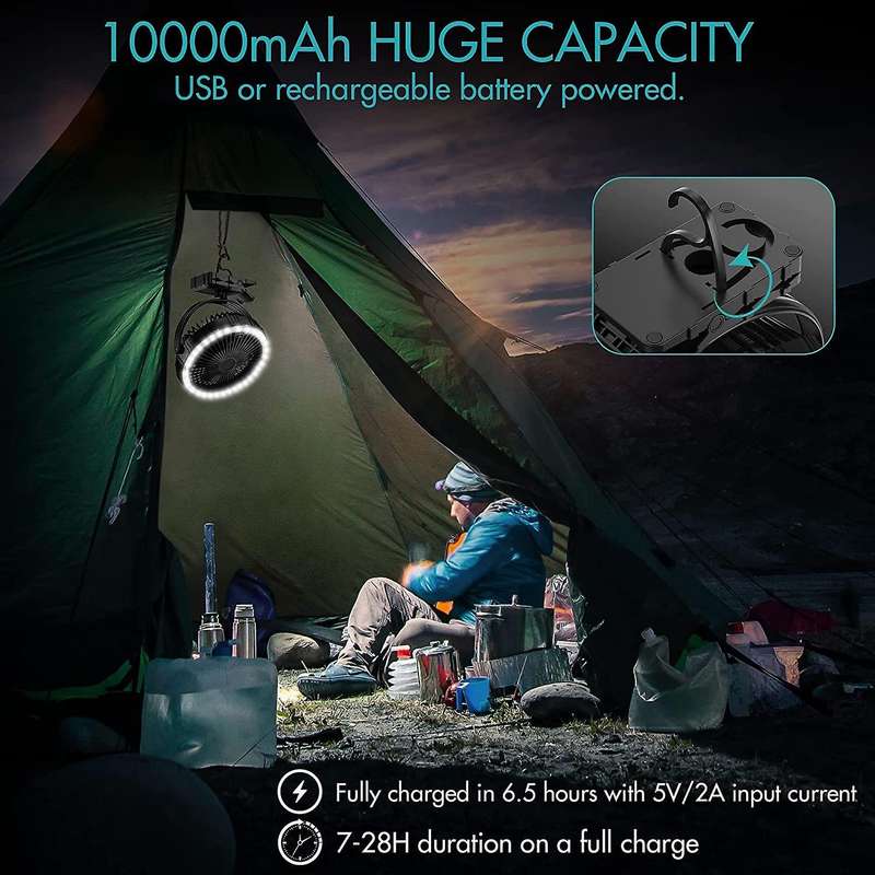 10000MAh Camping Fan and LED Light,8 Inch Rechargeable Battery-Operated Tent Fan for Hanging or Tabl