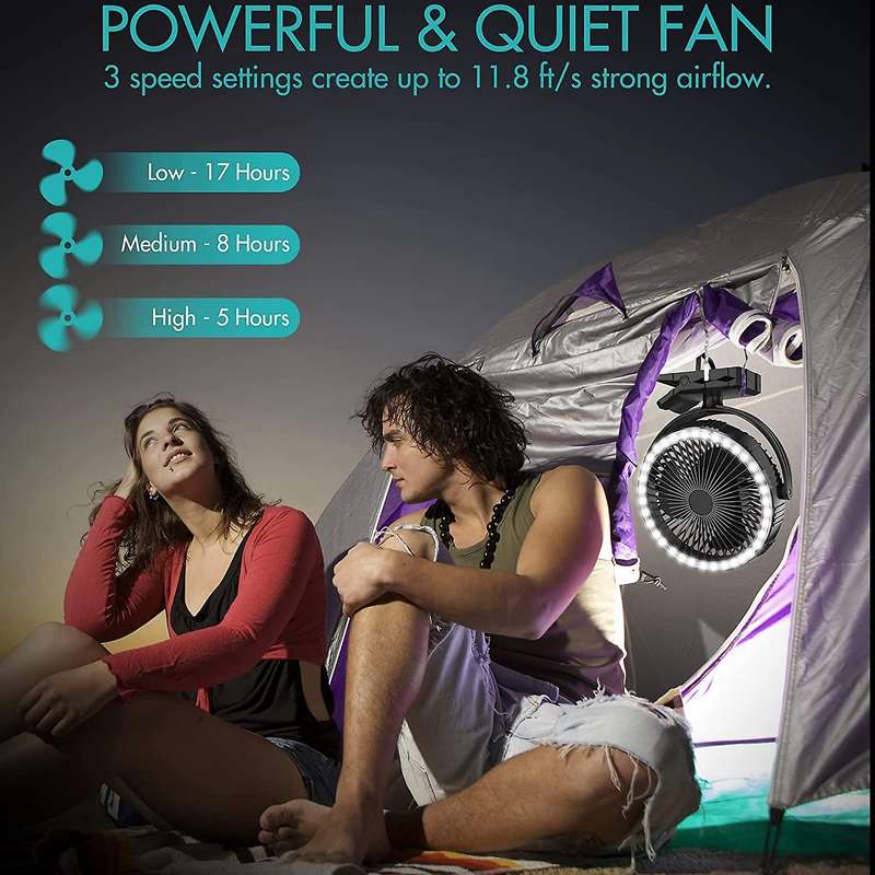 10000MAh Camping Fan and LED Light,8 Inch Rechargeable Battery-Operated Tent Fan for Hanging or Tabl